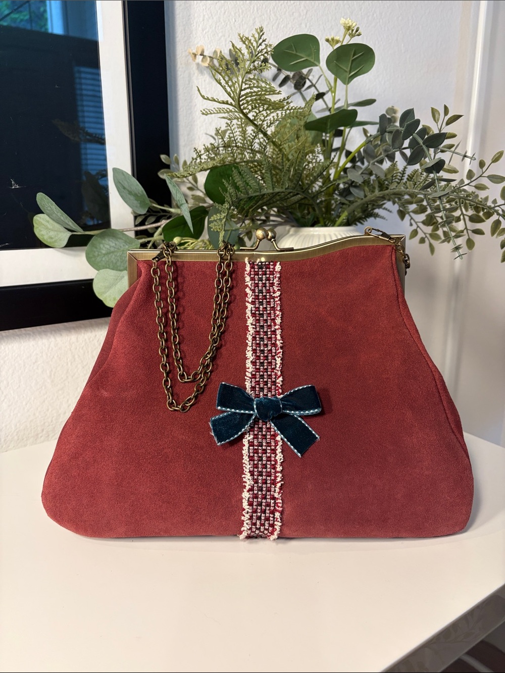 QUINTANA Compliments Suede Kiss Lock Frame Handbag